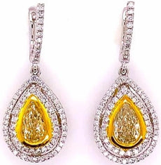 3.43CT WHITE & FANCY YELLOW DIAMOND 18KT 2 TONE GOLD TEAR DROP HANGING EARRINGS