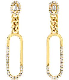 0.41CT DIAMOND ROUND & BAGUETTE 14KT YELLOW GOLD 3D OVAL LINK PAPERCLIP EARRINGS