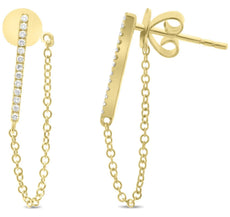 .08CT DIAMOND 14K YELLOW GOLD 3D ROUND CLASSIC DOUBLE SIDED BAR HANGING EARRINGS