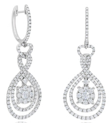 1.64CT DIAMOND 14KT WHITE GOLD FLOWER DOUBLE TEAR DROP INFINITY HANGING EARRINGS