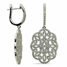 ESTATE LARGE 1.39CT DIAMOND 18K WHITE GOLD FLOWER OPEN FILIGREE HANGING EARRINGS