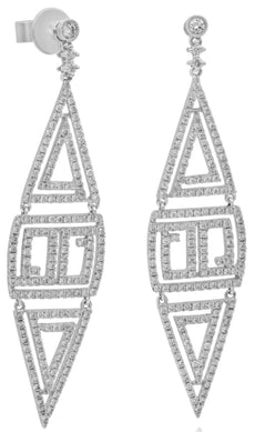 LARGE 1.85CT DIAMOND 18K WHITE GOLD 3D DOUBLE TRIANGULAR SQUARE HANGING EARRINGS