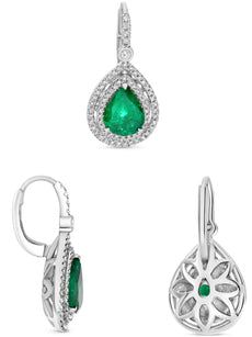 3.22CT DIAMOND & AAA EMERALD 18KT WHITE GOLD 3D PEAR SHAPE & ROUND HALO EARRINGS