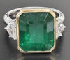 LARGE 7.37CT DIAMOND & AAA EMERALD 18KT 2 TONE GOLD EMERALD CUT ENGAGEMENT RING