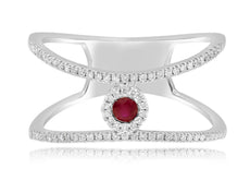ESTATE .36CT DIAMOND & AAA RUBY 14KT WHITE GOLD 3D FLOWER DOUBLE BAND FUN RING