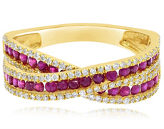 1.17CT DIAMOND & AAA RUBY 14K YELLOW GOLD 3D MULTI ROW CRISS CROSS INFINITY RING
