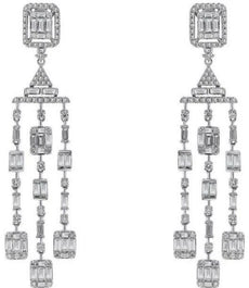 2.33CT DIAMOND 14KT WHITE GOLD 3D ROUND AND BAGUETTE CHANDELIER HANGING EARRINGS