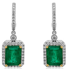 7.20CT DIAMOND & AAA EMERALD 18KT 2 TONE GOLD ROUND & EMERALD CUT HALO EARRINGS