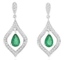 1.04CT DIAMOND & AAA EMERALD 14KT WHITE GOLD PEAR SHAPE & ROUND HANGING EARRINGS