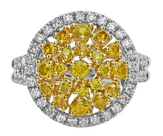 1.37CT WHITE & FANCY YELLOW DIAMOND 18K 2 TONE GOLD 3D CLUSTER CIRCULAR FUN RING