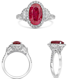 3.43CT DIAMOND & AAA RUBY PLATINUM OVAL & HALF MOON 3 STONE HALO ENGAGEMENT RING