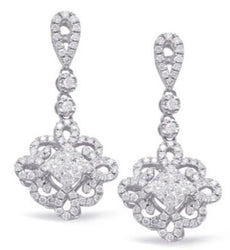 ESTATE 1.05CT DIAMOND 14K WHITE GOLD 3D INVISIBLE SQUARE FLOWER HANGING EARRINGS
