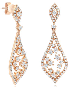 1.0CT DIAMOND 14KT ROSE GOLD OPEN FILIGREE FLORAL TEAR DROP FUN HANGING EARRINGS