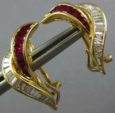 LARGE 2.61CT BAGUETTE DIAMOND & AAA RUBY 18KT YELLOW GOLD LEAF CLIP ON EARRINGS