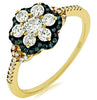 ESTATE .75CT WHITE & BLUE DIAMOND 14KT BLACK & YELLOW GOLD FLOWER HALO LOVE RING