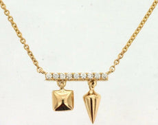 ESTATE .05CT DIAMOND 14KT YELLOW GOLD 3D SQUARE TRIANGULAR CHARM BAR NECKLACE
