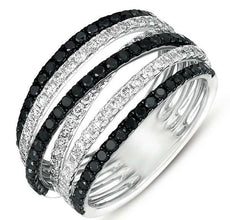 WIDE 1.48CT WHITE & BLACK DIAMOND 14KT WHITE GOLD 3D MULTI ROW CRISS CROSS RING