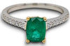 1.39CT DIAMOND & AAA EMERALD 18KT 2 TONE GOLD 3D CUSHION & ROUND ENGAGEMENT RING