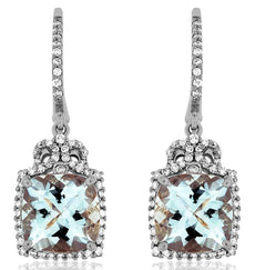 LARGE 4.22CT DIAMOND & AAA AQUAMARINE 14KT WHITE GOLD LEVERBACK HANGING EARRINGS