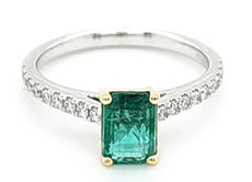 ESTATE 1.29CT DIAMOND & AAA EMERALD 18KT 2 TONE GOLD SOLITAIRE ENGAGEMENT RING