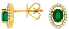 0.88CT DIAMOND & AAA EMERALD 14KT YELLOW GOLD 3D OVAL & ROUND HALO STUD EARRINGS