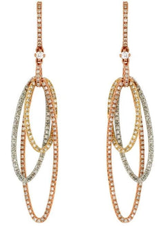ESTATE LARGE 1.15CT DIAMOND 14K TRI COLOR GOLD OVAL TRINITY FUN HANGING EARRINGS