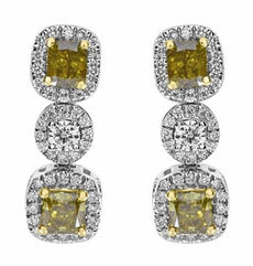 LARGE 2.84CT WHITE FANCY YELLOW DIAMOND 18K 2 TONE GOLD CUSHION 3 STONE EARRINGS