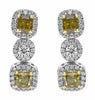 LARGE 2.84CT WHITE FANCY YELLOW DIAMOND 18K 2 TONE GOLD CUSHION 3 STONE EARRINGS
