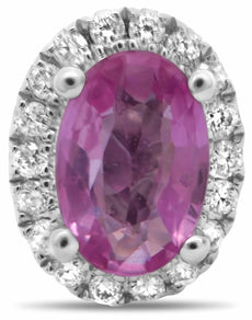 ESTATE 1.93CT DIAMOND & AAA PINK SAPPHIRE 18K WHITE GOLD OVAL HALO STUD EARRINGS