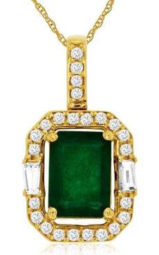 1.87CT DIAMOND & AAA EMERALD 14KT YELLOW GOLD ROUND & BAGUETTE OCTAGON PENDANT