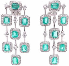 EXTRA LARGE 8.62CT DIAMOND & AAA EMERALD 18K WHITE GOLD CLIP ON HANGING EARRINGS