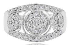 ESTATE .33CT DIAMOND 14KT WHITE GOLD FILIGREE 3 FLOWER PAST PRESENT FUTURE RING