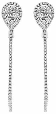 LARGE 1.16CT DIAMOND 18K WHITE GOLD 3D DOUBLE TEAR DROP CLIP ON HANGING EARRINGS