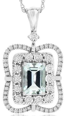 1.12CT DIAMOND & AAA AQUAMARINE 14KT WHITE GOLD 3D EMERALD CUT FLOATING PENDANT