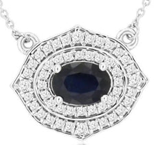 1.33CT DIAMOND & AAA SAPPHIRE 14KT WHITE GOLD OVAL & ROUND DOUBLE HALO NECKLACE