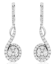 1.71CT DIAMOND 14KT WHITE GOLD 3D ROUND & MARQUISE FLOWER SWIRL HANGING EARRINGS