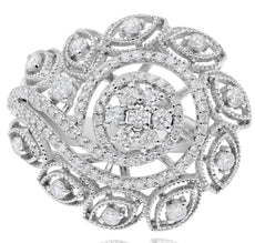 EXTRA LARGE 1.06CT DIAMOND 18K WHITE GOLD 3D MULTI LEAF DOUBLE SWIRL FLOWER RING