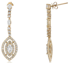 2.35CT DIAMOND 14KT YELLOW GOLD 3D ROUND & MARQUISE DOUBLE HALO LEAF EARRINGS