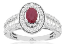1.56CT DIAMOND & AAA RUBY 14KT WHITE GOLD OVAL ROUND & BAGUETTE ENGAGEMENT RING