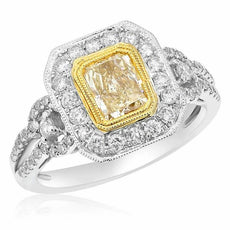 1.82CT WHITE & FANCY YELLOW DIAMOND 18K TWO TONE GOLD 3D OCTAGON ENGAGEMENT RING