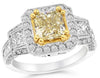 LARGE 2.9CT WHITE & FANCY YELLOW DIAMOND 18K 2 TONE GOLD CUSHION ENGAGEMENT RING