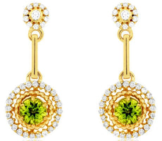 ESTATE .90CT DIAMOND & AAA PERIDOT 14K YELLOW GOLD ROUND FLOWER HANGING EARRINGS