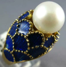 ANTIQUE LARGE BLUE ENAMEL & AAA SOUTH SEA PEARL 14K YELLOW GOLD SHELL RING #2748