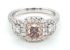 1.52CT WHITE & PINK DIAMOND 18KT WHITE ROSE GOLD CUSHION 3 STONE ENGAGEMENT RING