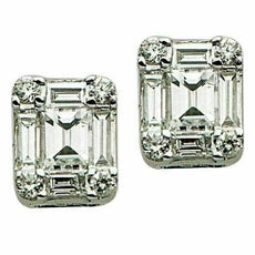 ESTATE .28CT ROUND & BAGUETTE DIAMOND 18KT WHITE GOLD 3D SQUARE STUD EARRINGS