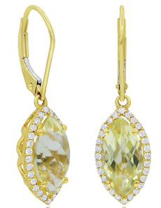 3.96CT DIAMOND & AAA LEMON QUARTZ 14K YELLOW GOLD MARQUISE & ROUND HALO EARRINGS