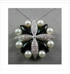 ANTIQUE 14KT DIAMONDS WITH BLACK ONYX & PEARLS FLOWER DESIGN WHITE GOLD PENDANT