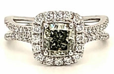 1.68CT WHITE & GREEN DIAMOND 18K WHITE GOLD CUSHION & ROUND HALO ENGAGEMENT RING