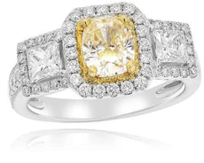 LARGE 2.54CT WHITE & FANCY YELLOW DIAMOND 18K TWO TONE GOLD HALO ENGAGEMENT RING