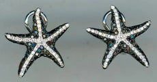 LARGE 1.15CT WHITE & BLACK DIAMOND 14KT WHITE GOLD 3D STARFISH CLIP ON EARRINGS